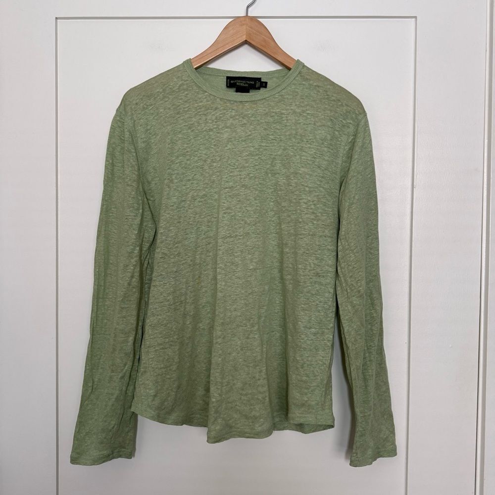 Shanghai Tang Top Shirt Womens Sz S Green 100% Linen Long Sleeve Beach Coastal